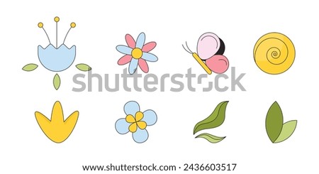 Leaves flowers butterfly 2D linear cartoon objects set. Summer natural. Springtime plants isolated line vector elements white background. Wild nature spring color flat spot illustration collection