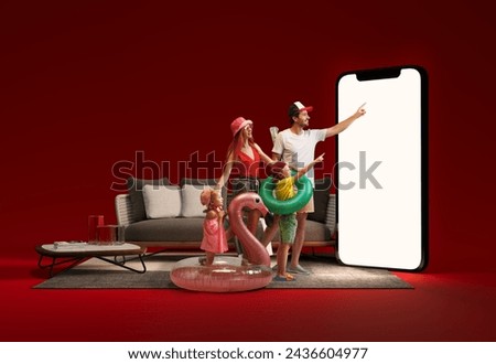 Family, man, woman and children going on summer vacation, pointing into giant 3D model smartphone screen. Online booking services, buying tickets. Mockup for ad, text, design, logo