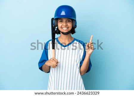 Baseball mixed race player woman with helmet and bat isolated on blue background pointing up a great idea