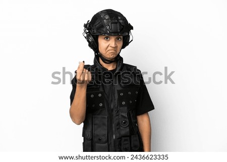 SWAT woman isolated on white background making money gesture