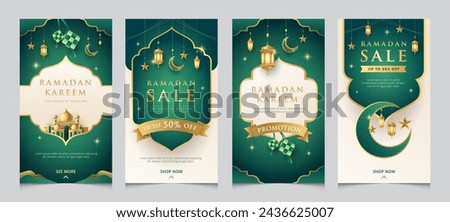 Modern Ramadan design template for social media posting. Fresh green Raya with golden islamic elements templates collection. Royalty-Free Stock Photo #2436625007