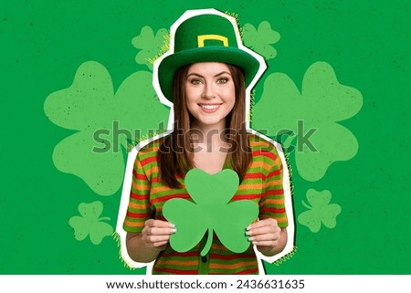 Creative collage picture young smiling woman hold four leaf clever sain patrick's day holiday celebration green background
