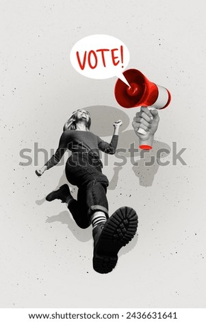 Vertical photo collage picture young running girl showing activism vote proclaim loudspeaker democracy rights drawing background