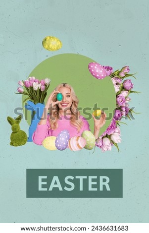 Creative drawing collage picture of young girl egg cover eye flowers celebrate easter invitation postcard billboard comics zine minimal