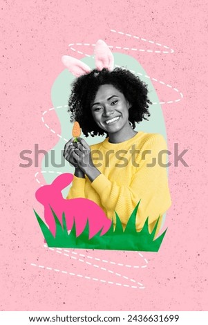 Vertical photo collage smiling happy young girl hold carrot bunny ears costume spring holiday theme party celebration white background