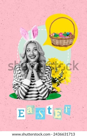 Vertical photo collage young excited girl dream think easter basket painted decorated eggs rabbit costume springtime holiday celebration