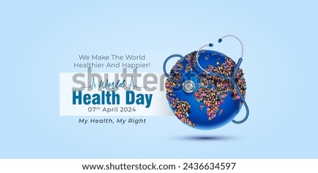 3D Vector theme for World health day. Promotional concept, Health care doctor stethoscope with group of people and World globe. Royalty-Free Stock Photo #2436634597