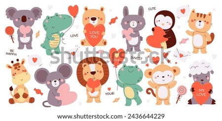 Cute animals characters holding hearts sending love romantic emotion isolated set. Happy valentine day congratulations with adoration and anticipation. Greeting card design element vector illustration Royalty-Free Stock Photo #2436644229