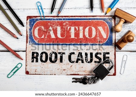 Root Cause. Metal CAOTION plate with text on a white wooden background. Royalty-Free Stock Photo #2436647657