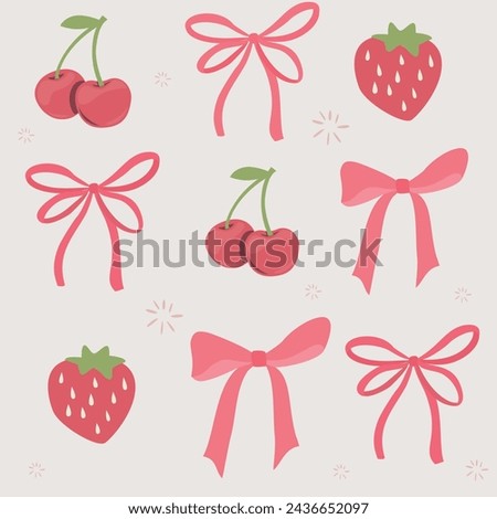 Seamless pattern of red tones of cherry with bow and strawberry on pastel peach background ,vector, illustration