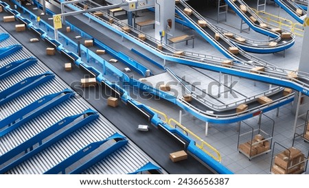 Autonomous Conveyor Belt Sorting Mechanism with Artificial Intelligence Capabilities Handling, Sorting and Preparing Parcels for Delivery to Online Clients in a Modern Logistics Warehouse Royalty-Free Stock Photo #2436656387