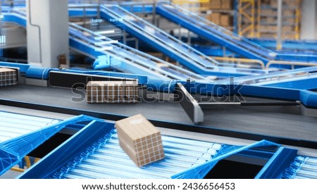 Parcels, Cardboard Boxes and Packages Lying on a Conveyor Belt at a Modern Logistics Center with Automated Sorting Technology. VFX 3D Graphics in a Mail Delivery Warehouse Hub Royalty-Free Stock Photo #2436656453