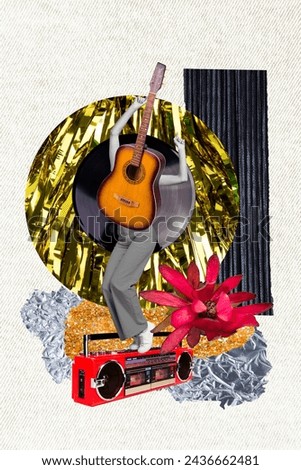Vertical collage picture of mini black white colors overjoyed girl dancing guitar instead body big boombox sequins fresh flower