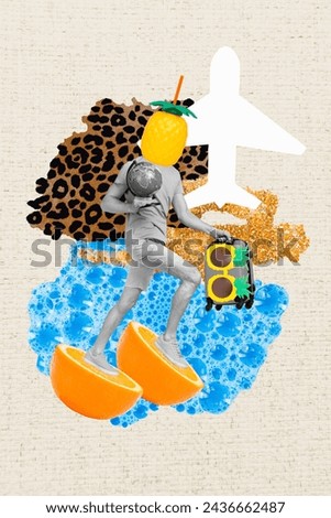 Composite photo collage of young headless guy pineapple fruit insteadwalk on orange vivid background flight animal print flamingo bubble