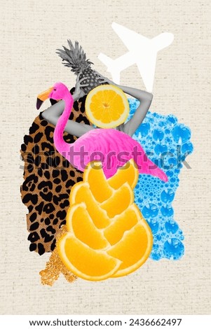 Vertical collage picture of mini black white colors girl orange slice instead head hold pineapple big pink flamingo water sand aircraft