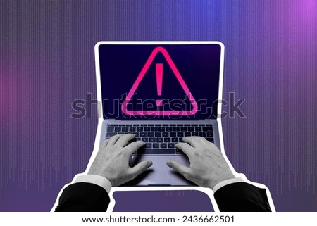 Composite 3D photo collage trend of black white silhouette hacker man hands on laptop search security information personal data alarm