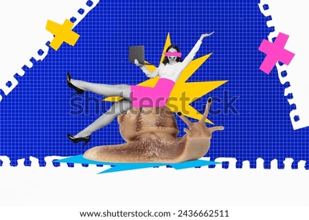 Collage photo of funny woman worker with netbook laptop computer slow speed sitting sliding mollusk isolated on plaid blue background