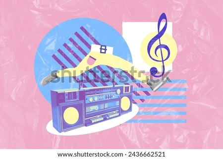 Creative collage photo human legs body fragment party boombox concept have fun note entertainment rhythm drawing background