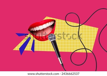 Sketch image trend composite photo collage huge smiled mouth red lipstick sing song in microphone listen music party nightlife playlist