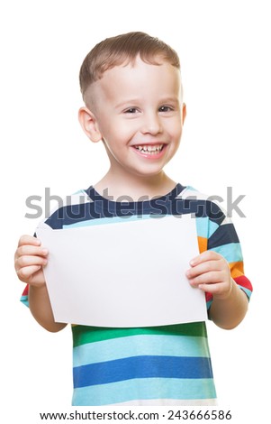 Smiling boy with piece of paper on isolated white