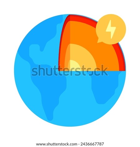 A blue globe with an orange cutaway section in flat vector illustration style, representing the concepts of ecology and renewable geothermal energy. Royalty-Free Stock Photo #2436667787