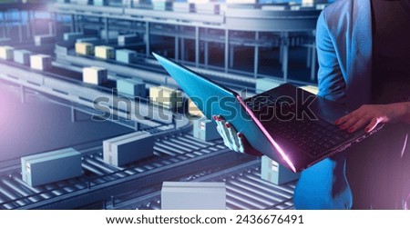 Businesswoman near conveyor belt. Production line with boxes. Businesswoman monitors production via computer. Cropped lady and conveyor belt. Industrial plant with multi-tier conveyor Royalty-Free Stock Photo #2436676491