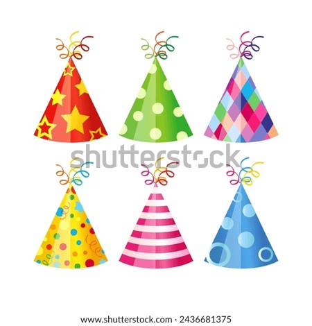 Set of realistic party hats. Holiday hat collection, 3D design. Isolated icons with clipping mask. Celebrating event items. Tempate for postcard, gift card or birthday banner. Greeting card element.