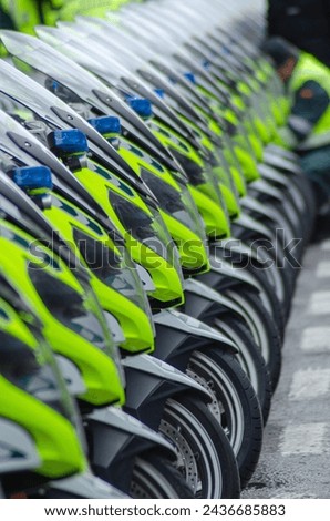 selective focus, many motorcycles lined up by the Guardia Civil de Trafico (traffic police). Spain Royalty-Free Stock Photo #2436685883