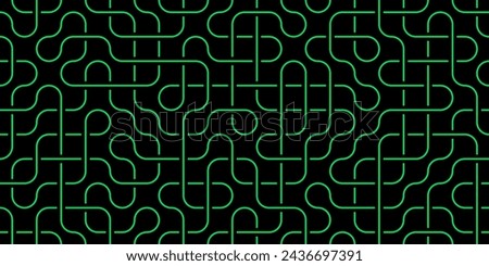 Green Seamless Swirl Lines on Black Background. Modern Stripe Pathway Texture. Labyrinth Line Backdrop.