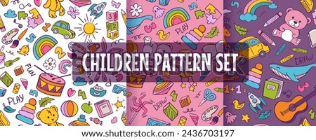 Set of seamless patterns and backgrounds with kindergarten toys, activities. Abstract vector illustration for ads, prints, social media posts, kids product design.
