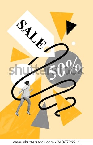 Vertical photo collage running young man shopping center discount special offer sales low price deal drawing background