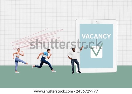 Composite collage picture image of internet online recruitment concept running candidates opened vacancy billboard comics zine minimal
