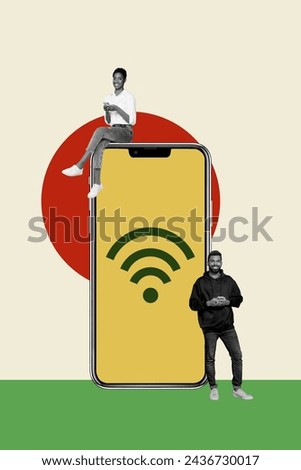 3D photo collage composite sketch image of young lady sit on huge smartphone wifi wireless internet connect handsome guy stand near