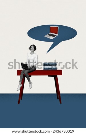 Sketch image trend artwork 3D photo collage of young student lady hold computer sit on huge table near book pile think about new laptop