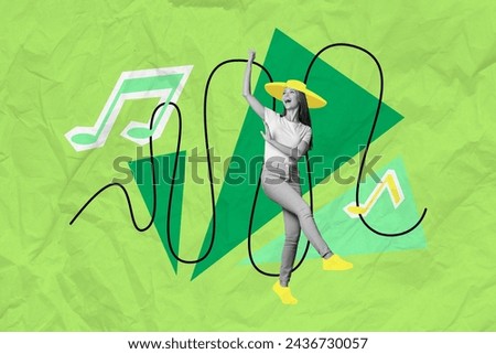 Creative collage picture happy funky girl music party disco celebration event dancing have fun entertainment relax green background