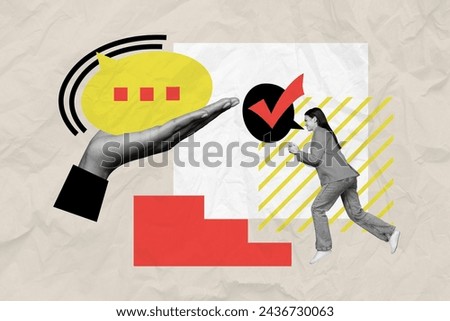 Creative collage picture running young lady upstairs hand hol textbox bubble citation typing message communication concept