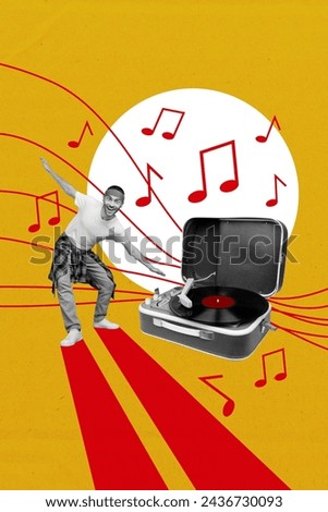 Vertical photo collage young happy joyful man celebrate festive event dancer party gramophone music listener drawing background
