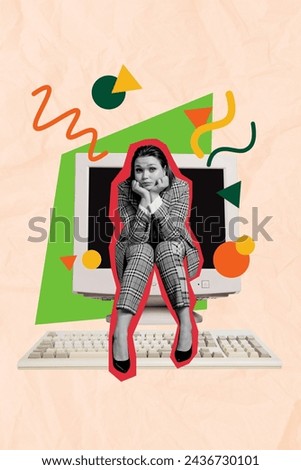 Trend artwork sketch image composite photo collage of black white silhouette student lady hand hold sit in huge retro computer monitor
