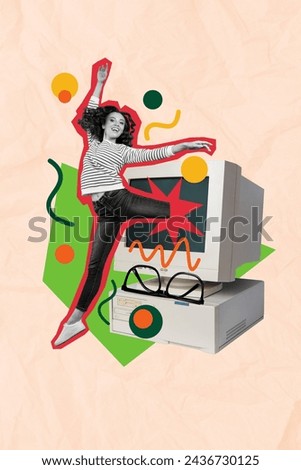 Vertical collage image of overjoyed mini black white effect girl jump big retro pc monitor isolated on painted beige paper background