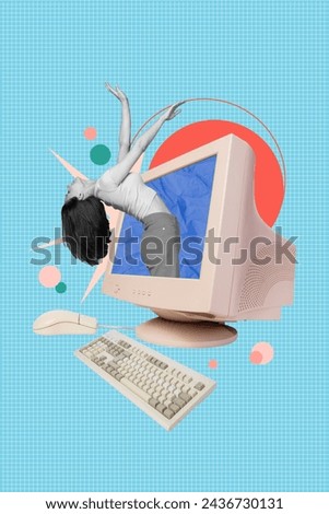 Vertical collage image of mini black white effect girl inside big computer monitor keyboard mouse isolated on checkered blue background