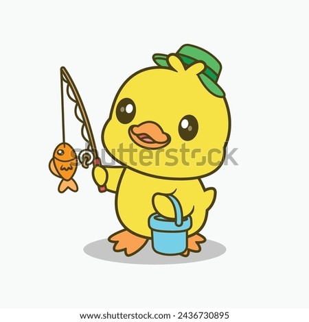 Cute duck Fishing Fish Cartoon Vector Icon Illustration. Animal Food