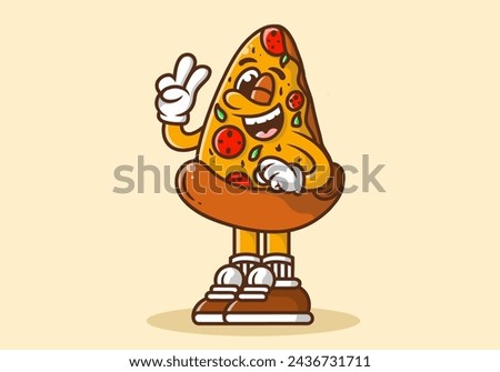 Cute mascot character illustration of a pizza with hand forming peace symbol