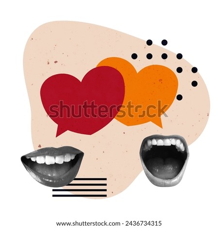 Speech Bubble Creative Art Collage. Surreal Concept Illustration. Talking Mouth Modern Design. Debate Speak Scream Open Trend Retro Vintage. Poster Banner Flyer Post Card Placard Print Background New.