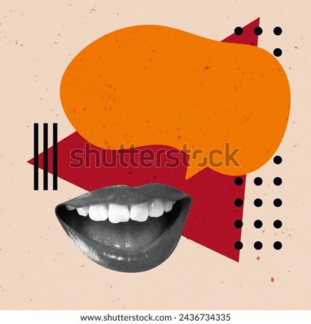 Speech Bubble Creative Art Collage. Surreal Concept Illustration. Talking Mouth Modern Design. Debate Speak Scream Open Trend Retro Vintage. Poster Banner Flyer Post Card Placard Print Background New.