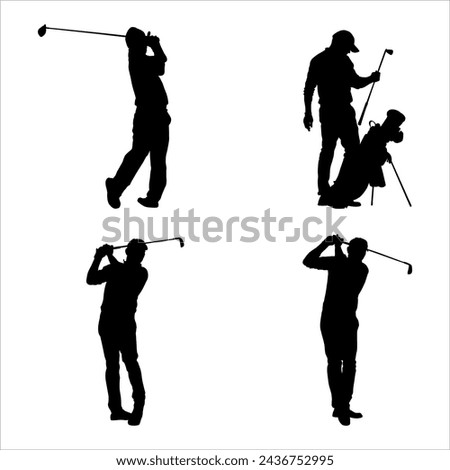 This is a design work of a collection of silhouettes of golf players, on a white background
