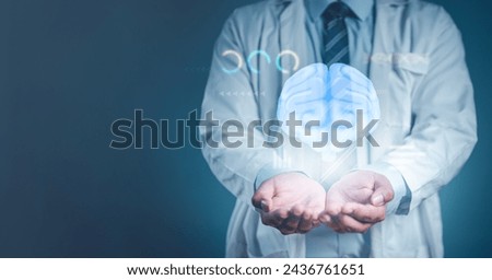doctor, health, hospital, check, check-up, diagnosis, health care, innovation, medicals, medicine. doctor holding in hand the hologram of human brain and medical icons progress on virtual screen.