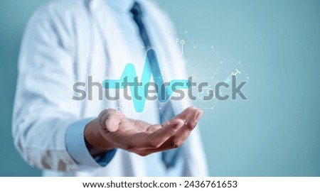 doctor, health, hospital, check, check-up, diagnosis, health care, innovation, medicals, medicine. medicine doctor in hand with icon medical network and heart pulse icon showing above of that.