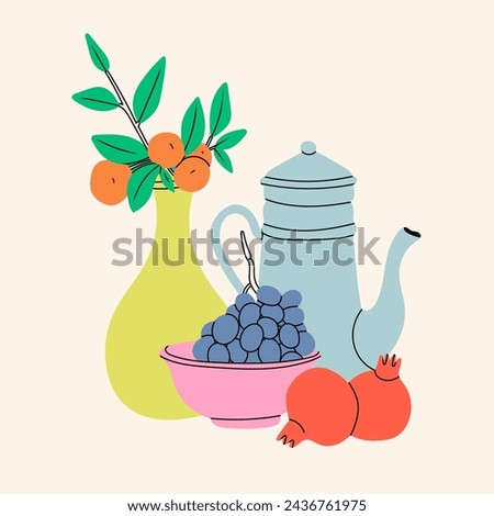 Classical still life picture. Mandarin branches in vase, grapes on plate, silver jug, pomegranate. Hand drawn colorful Vector illustration. Isolated design element. Poster, icon, logo, print template Royalty-Free Stock Photo #2436761975