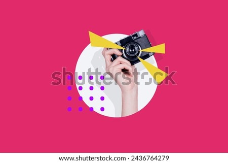 Creative collage human hand holding vintage photocamera objective lens paparazzi flash take picture drawing colored background