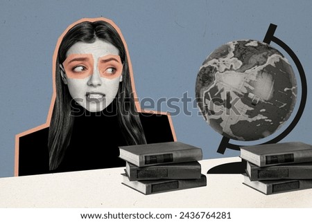 Composite photo collage of upset young girl student stare globe geography book stack desk caricature isolated on painted background Royalty-Free Stock Photo #2436764281
